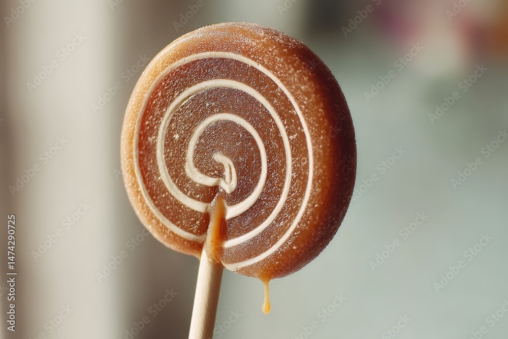 Poster colorful spiral lollipop with caramel drizzle is ready to be enjoyed at a local candy shop during af