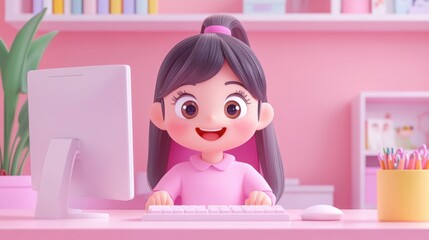Happy school girl with computer, funny facial expression, 3d style cartoon character
