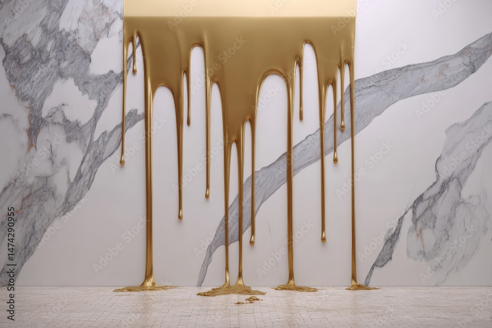Poster golden liquid drips down marble wall creating an abstract art installation in a modern gallery space