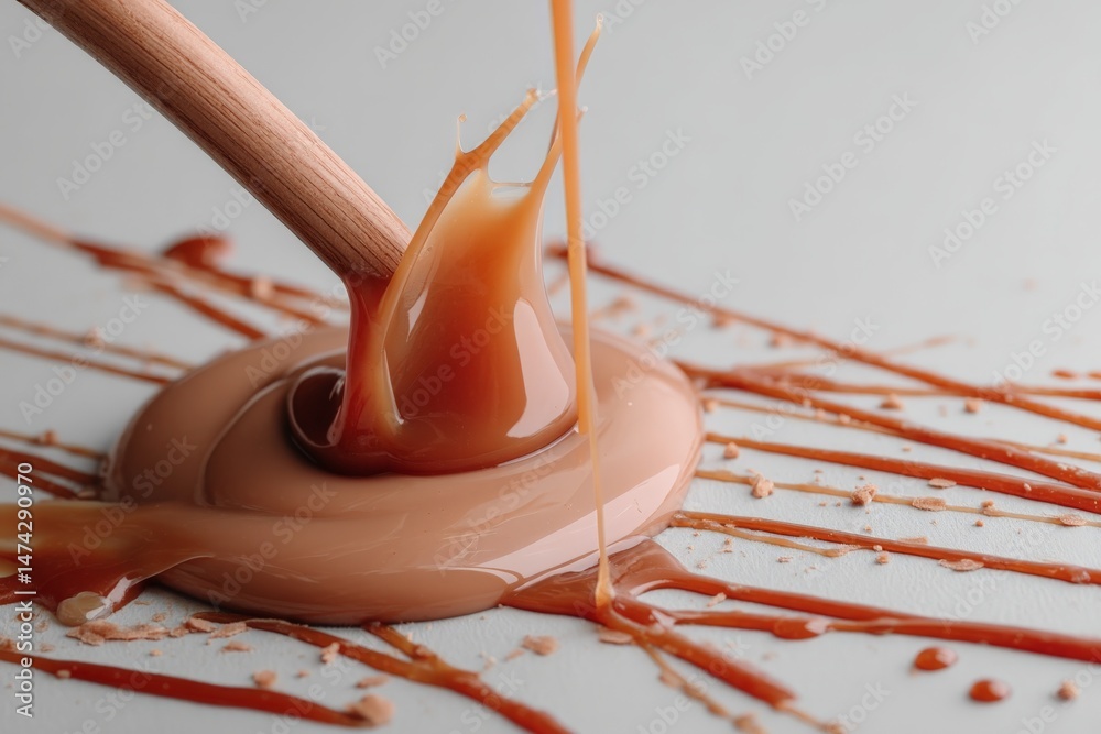 Poster Delicious caramel drizzled on a smooth surface with a wooden spoon creating swirls and splashes of flavor