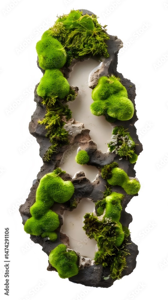 Poster 明るい緑の苔の装飾品と白い背景の岩の質感のあるクローズアップショット テクスチャのディテールを備えたミニチュアコケ庭園の静物