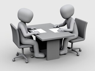 A 3D icon of a negotiation table with two persons and a document, neutral tones, subtle tension in composition .