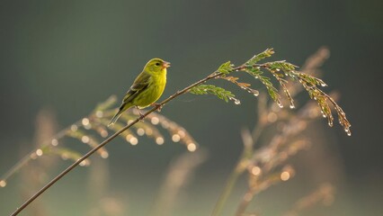 Bird perched on a branch with dew drops