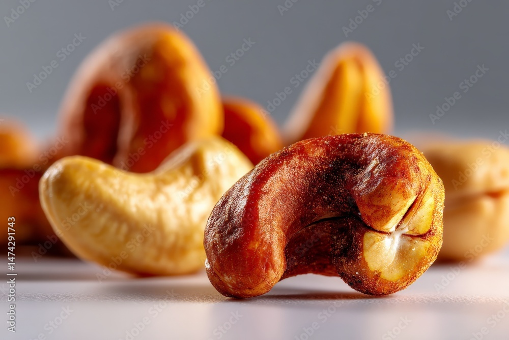 Poster Cashews arranged on a clean surface showcasing their unique shapes and textures in soft light