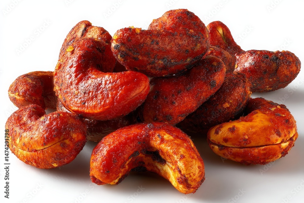Poster crispy spiced cashews piled on a light surface ready for snacking with vibrant colors and rich textu