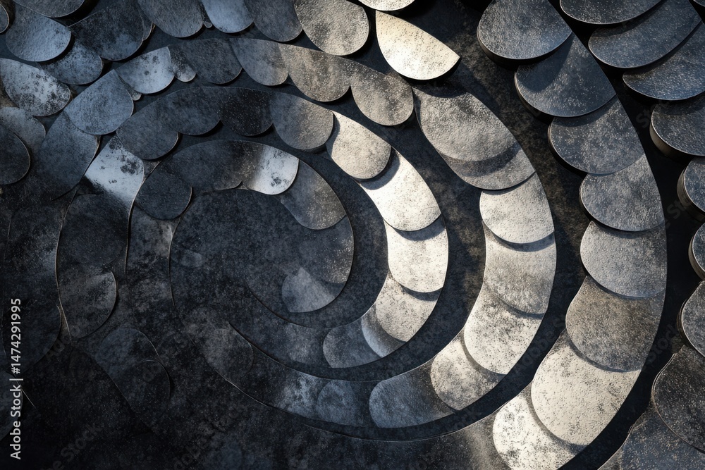 Poster metallic scale pattern forming a spiral design with texture and light reflecting on the surface