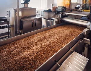 automated conveyor belt in a factory producing dry pet food pellets highlighting industrial machinery and mass production process