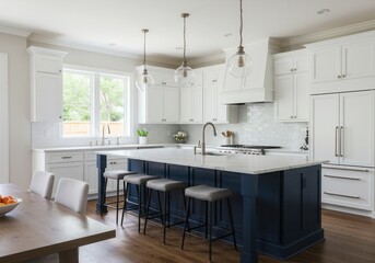 Modern kitchen interior with island seating and white cabinetry