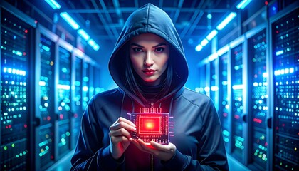 Cybersecurity expert analyzing microchip in data center futuristic environment intense atmosphere