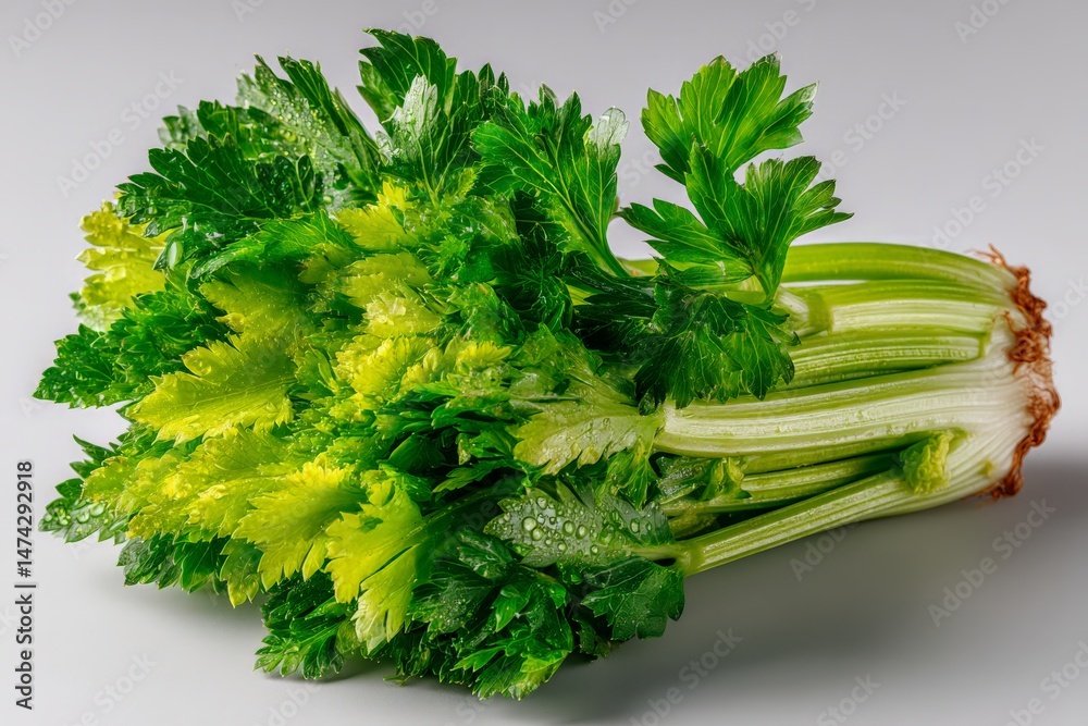 Poster fresh green celery with water droplets showcasing its vibrant color and crisp texture on a neutral b