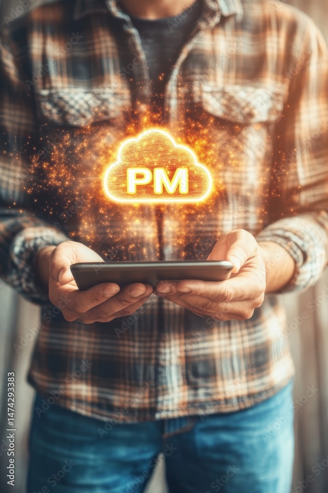 Poster businessman accessing cloud-based project management software on mobile device with glowing pm icon