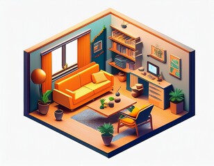 house room isometric location isolated furniture and home accessories sofa armchair living room table with chairs decoration constructor