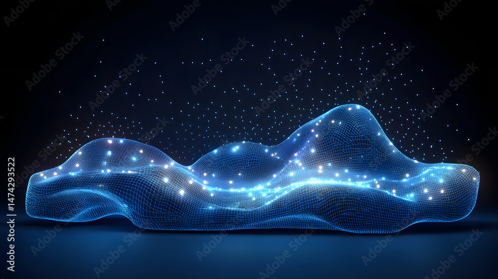 Aufkleber Futuristic abstract wireframe landscape with illuminated points and floating particle constellation against a dark gradient background. Abstract wireframe in dark blue