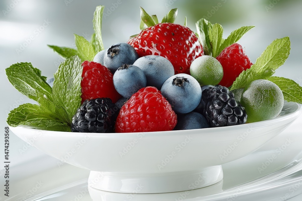 Poster fresh mixed berry salad with mint leaves displayed in a white bowl on a light background