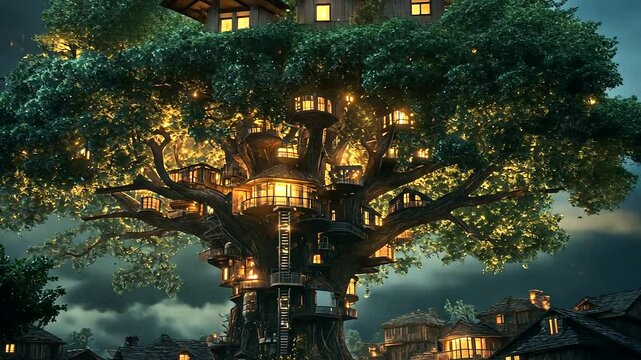 Enchanted treehouse village illuminated at night, surrounded by a mystical forest landscape