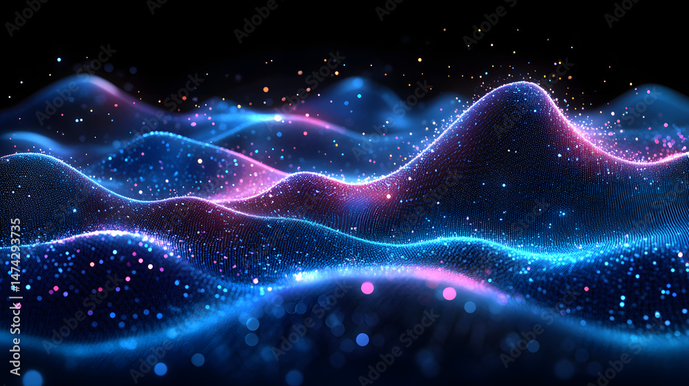 Aufkleber ethereal digital landscape of glowing particles in blue, pink, orange, and white. undulating waves c