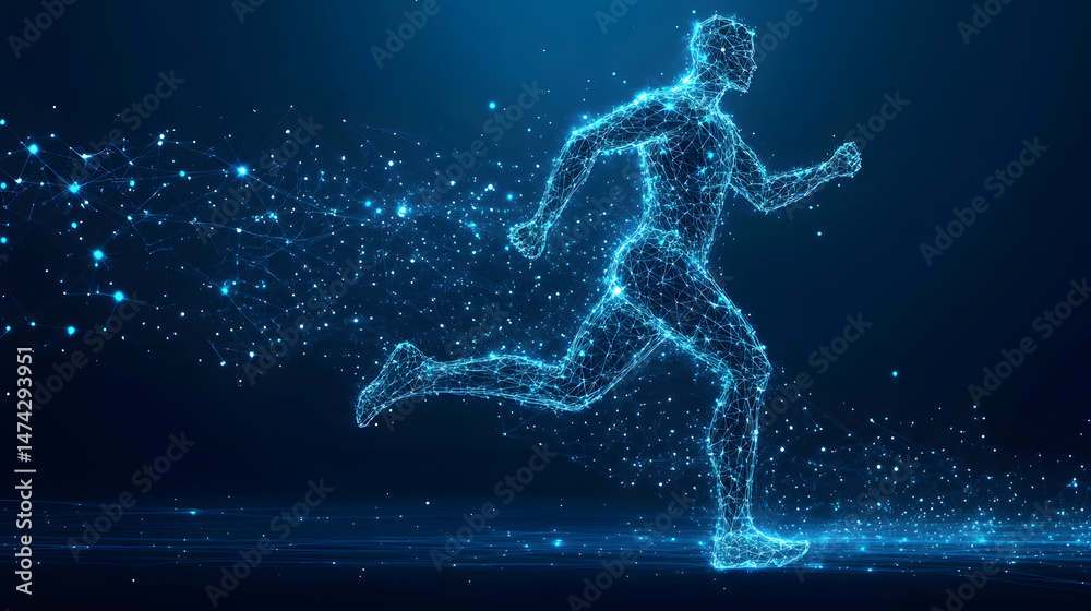 Aufkleber futuristic runner visualized as a glowing blue wireframe, sprinting in a dark blue expanse. energy r