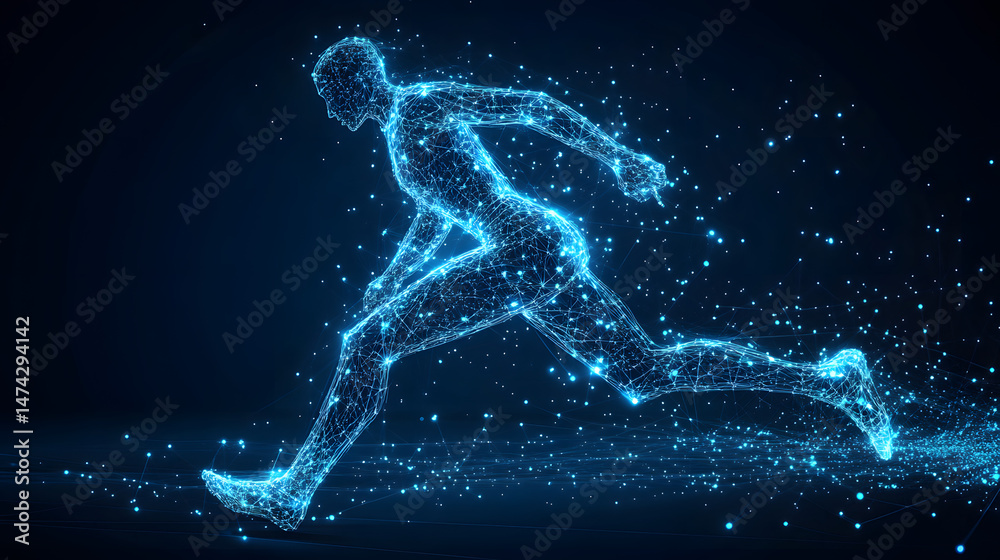 Poster dynamic runner formed from vibrant blue light streaks, conveying speed and energy. a modern, abstrac