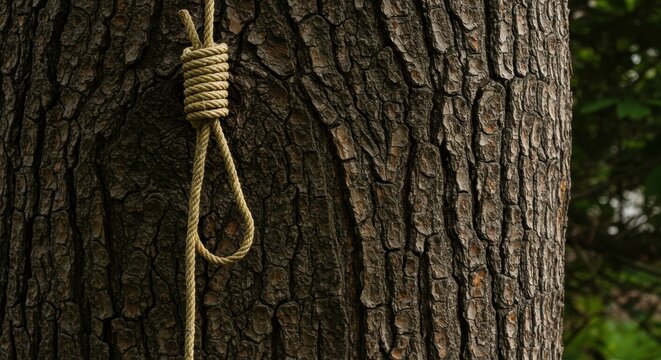 Dark tree bark textured background with a noose ominous symbol of despair and hopelessness