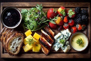 Fresh and colorful cheese and fruit platter served on wooden board at a cozy dining setting