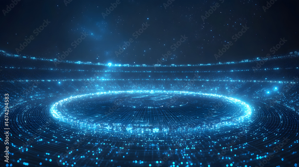 Poster futuristic stadium bathed in ethereal blue lights under a starlit sky. a mesmerizing blend of techno
