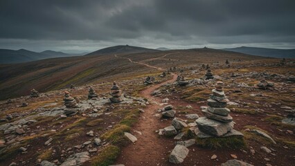 Moody landscape of the Cairngorms with cairns marking the trail