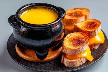Creamy cheese fondue served with crispy toasted bread on a black plate in a cozy dining setup
