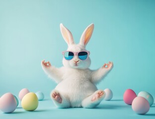 A white rabbit, wearing pink sunglasses and in a yoga pose, sits amidst pastel-colored Easter eggs on a light blue backdrop