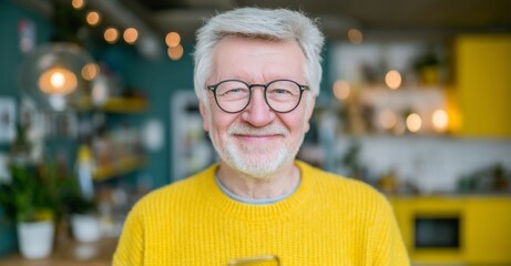 An elderly man is in his kitchen, smiling while using his phone to view a meme on social media that is making him laugh at home, showcasing home life, online communication, and a senior person