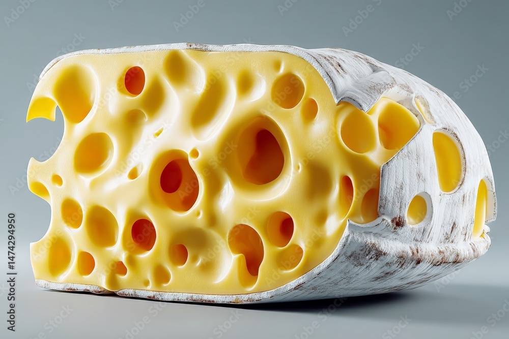 Poster Cheese block with holes displayed on a gray background highlighting its unique texture and color