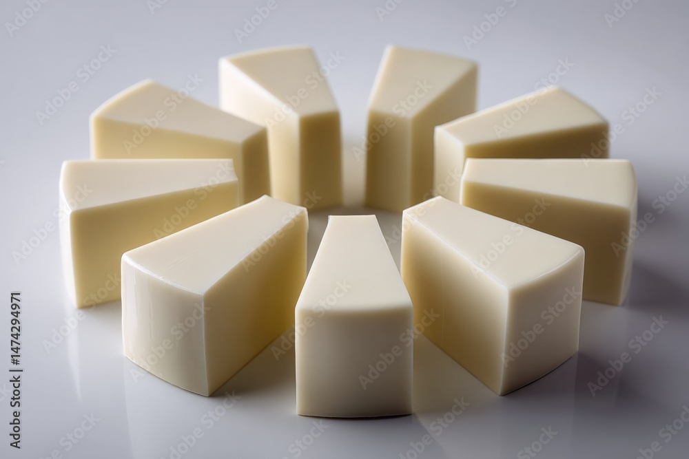 Poster Curved wedges of soft cheese arranged in a circular pattern on a clean surface