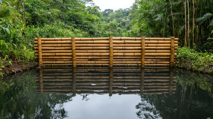 Small bamboo weir tropical forest reflecting water, showcasing eco friendly design and nature