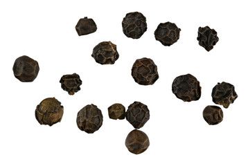 Scattered black pepper seeds isolated on a transparent background. Completely in focus. Full depth of field. PNG.