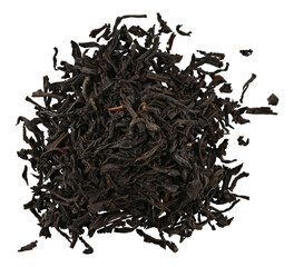 Pile black tea leaves. Dried leaf isolated on a transparent background. Completely in focus. Full...