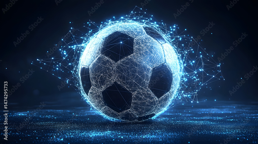 Aufkleber Futuristic soccer ball concept. Wireframe design with glowing blue nodes and particles on a dark background. High-tech sports visualization. Abstract wireframe in dark blue.