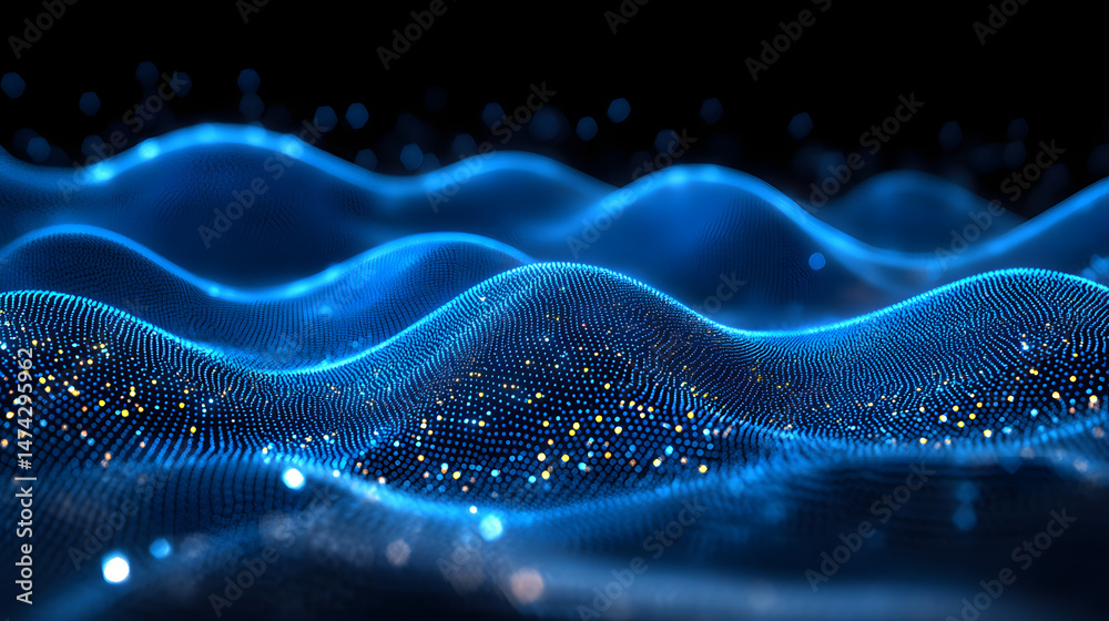 Poster Dynamic blue points form a textured digital landscape, like an abstract wireframe in dark blue. Golden highlights add depth to this mesmerizing data visualization. Undulating surface suggests motion.