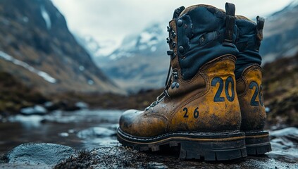 Worn boots on a rock with mountain backdrop