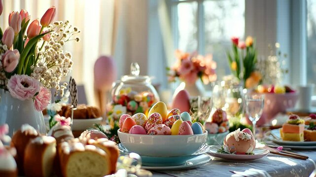 Spring brunch table with colorful easter eggs, fresh flowers, and sunlit decor