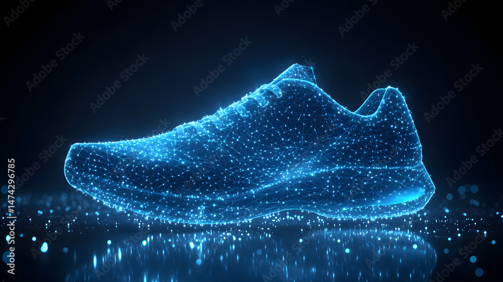 Aufkleber futuristic blue running shoe model, a digital abstract wireframe design. glowing particles enhance t