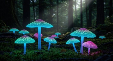 Fototapeta premium Glowing Mushrooms in a Forest with Mystical Light