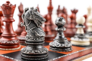 Intricate chess pieces on a wooden board showcasing a strategic game in progress