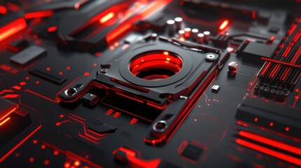 Close-up of a futuristic black and red computer motherboard with glowing accents and intricate circuit details