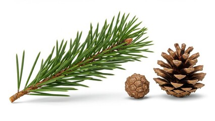 Pine branch and cones on a white background