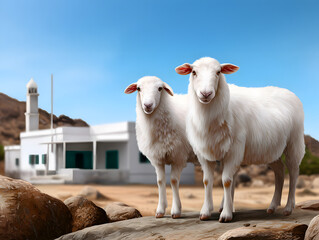 Two Sheep Standing By Rural Building Against Mountain Backdrop