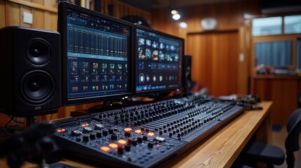 The broadcast room buzzes with activity as multiple screens display vibrant K-pop content, capturing the dynamic energy of a live production setup in real time.