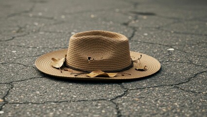 Old straw hat on cracked pavement with fallen leaves