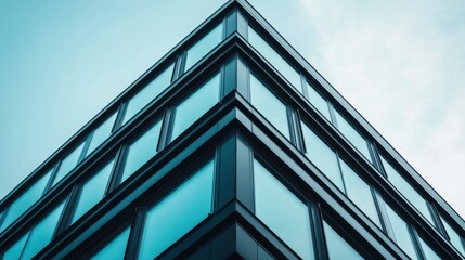 Obraz premium Modern architecture of a glass building from a low angle view against a blue sky in a city location