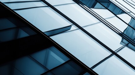 Abstract Architecture Close-Up of Modern Glass Building Facade with Geometric Lines and Reflections in Blue Tone