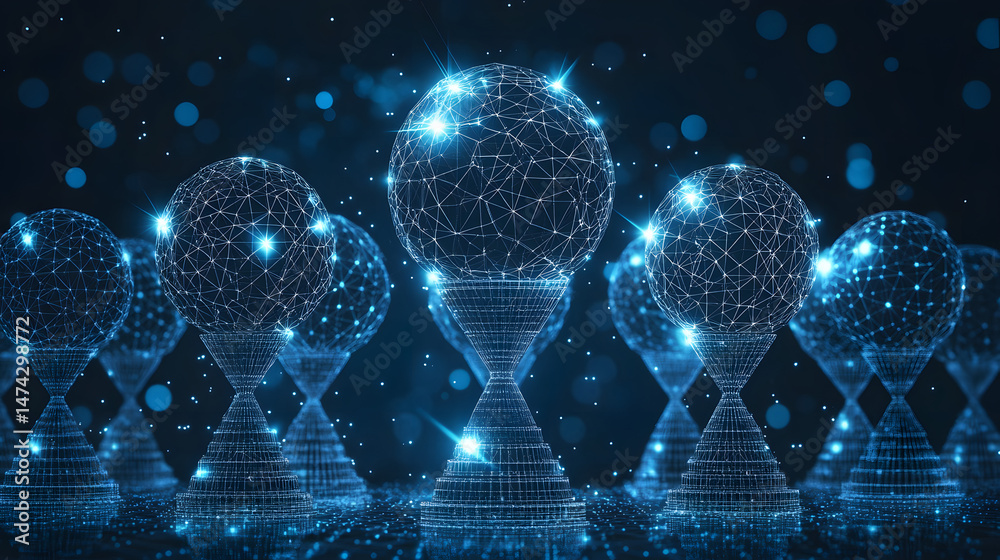 Poster Futuristic data network visualization. Glowing blue wireframe hourglass structures with bokeh background create a technological, abstract connectivity concept. Abstract wireframe in dark blue