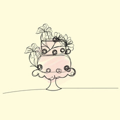 Elegant One Line Drawing of a Pink Wedding Cake Decorated with Flowers